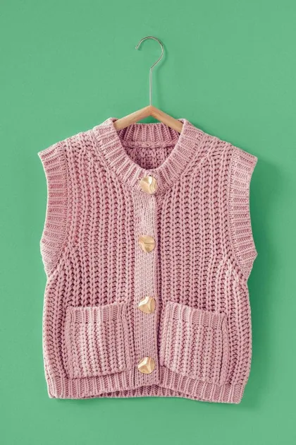 Chunky Knit Button-Front Sweater Vest (2 Color Ways) — gold tops & blouses from Pieces of a Dream