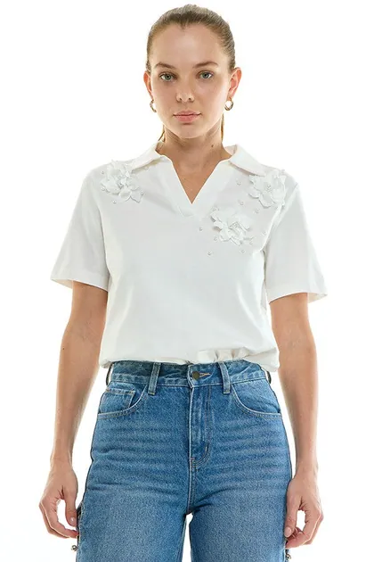 Floral Appliqué Polo Top — white tops & blouses from Pieces of a Dream