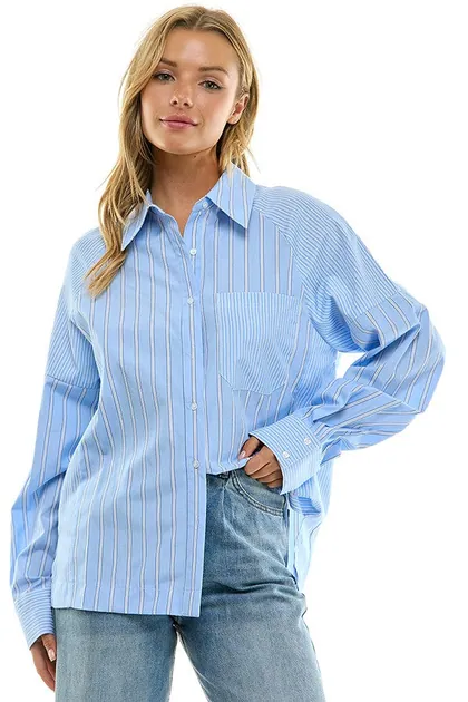 Classic Blue Pinstripe Oversized Shirt — blue tops & blouses from Pieces of a Dream