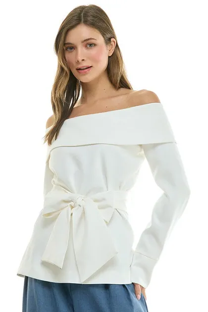 Off-Shoulder Tie Waist Top — white tops & blouses from Pieces of a Dream