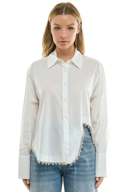 Asymmetrical Embellished Button-Down Shirt — white tops & blouses from Pieces of a Dream