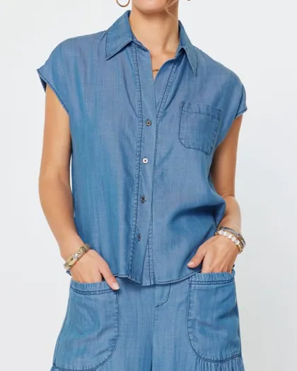 Cap Sleeve Button Down Denim Blouse — denim tops & blouses from Pieces of a Dream