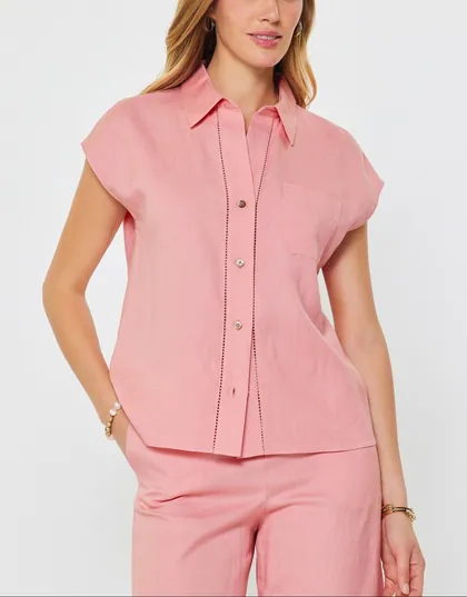 Linen Blend Cap Sleeve Button-Down Blouse — pink tops & blouses from Pieces of a Dream