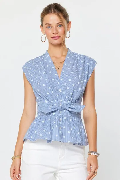 Polka Dot Peplum Blouse — blue tops & blouses from Pieces of a Dream