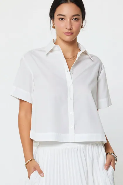 Cropped Pleated Back Shirt (2 Color Ways) — blue tops & blouses from Pieces of a Dream