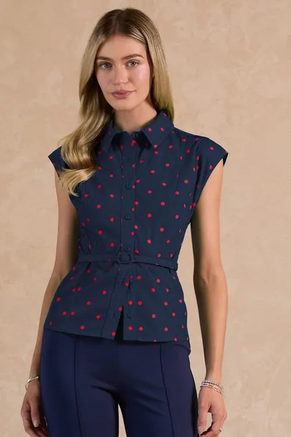 Polka Dot Belted Peplum Blouse — blue tops & blouses from Pieces of a Dream