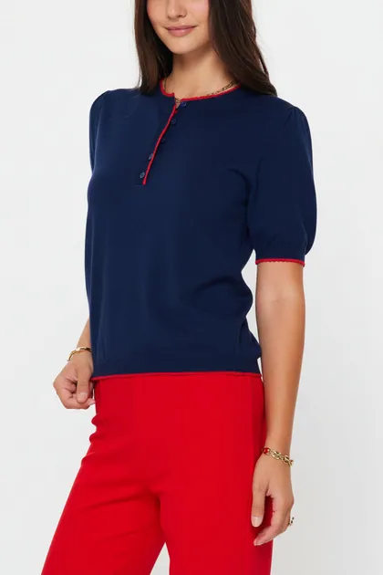 Contrast Edge Detail Short Sleeve Sweater — blue tops & blouses from Pieces of a Dream