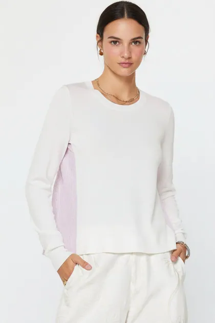 Knit Front Striped Woven Back Top — pink tops & blouses from Pieces of a Dream