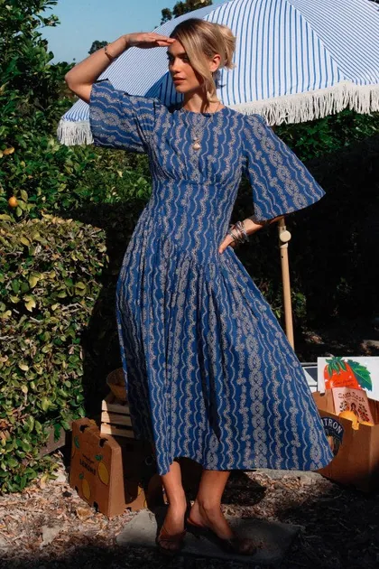 Embroidered Half Sleeves Maxi Dress — blue dresses from Pieces of a Dream