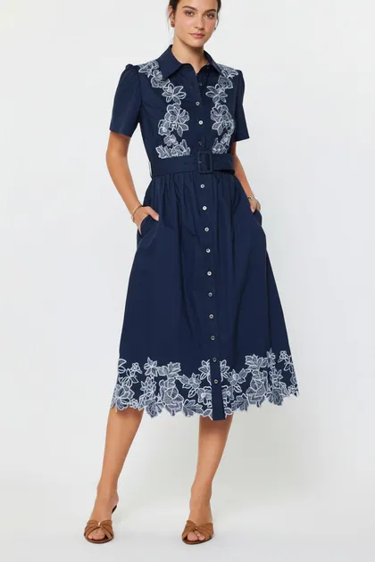 Embroidered Button Down Midi Dress — blue dresses from Pieces of a Dream