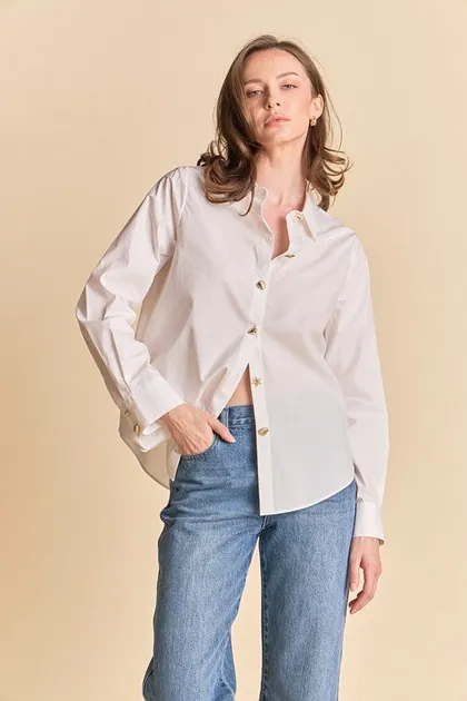 Button-Down Shirt With Shell Buttons — gold tops & blouses from Pieces of a Dream