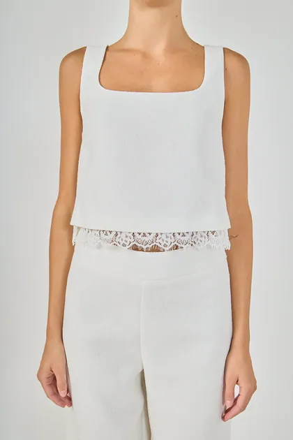 Lace Trim Sleeveless Scoop Neck Top — white tops & blouses from Pieces of a Dream