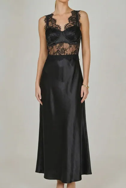 Midnight Lace Satin Midi Dress — black dresses from Pieces of a Dream