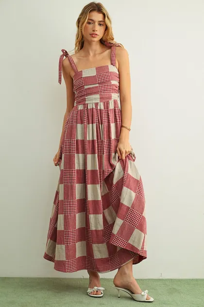 Gingham & Stripe Patchwork Maxi Dress — red dresses from Pieces of a Dream