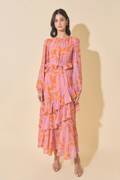 Sunset Bloom Ruffle Maxi Dress — pink dresses from Pieces of a Dream