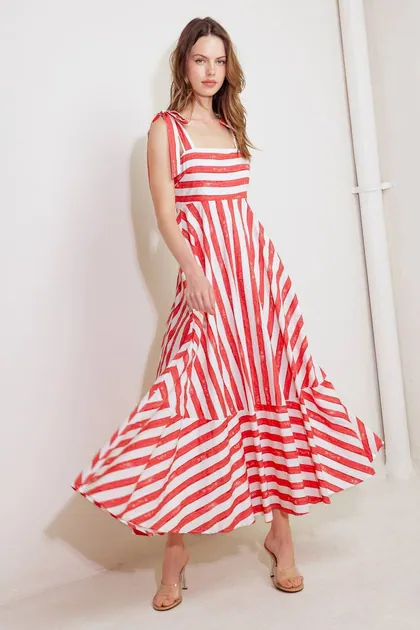 Red & White Printed Midi Dress — red dresses from Pieces of a Dream