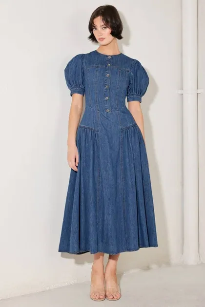 Washed Denim Jewel Buttons Midi Dress — denim dresses from Pieces of a Dream