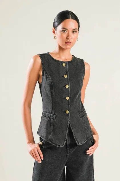 Black Washed Denim Vest — black tops & blouses from Pieces of a Dream