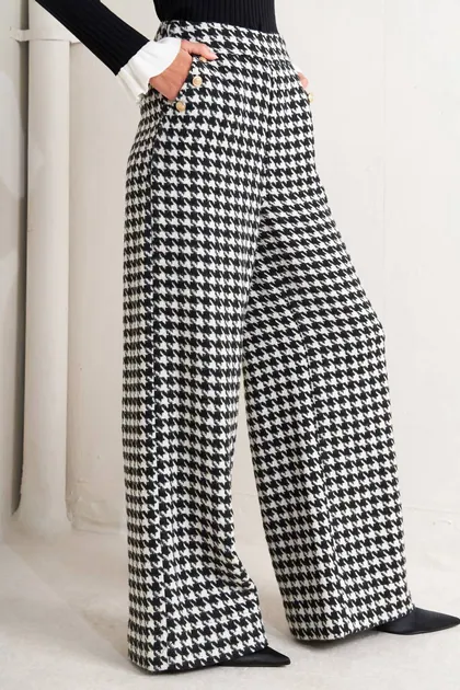 Houndstooth Wide-Leg Pants — black pants & trousers from Pieces of a Dream