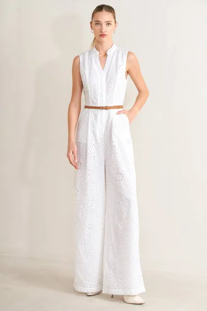 V-Neckline Woven Eyelet Jumpsuit — white jumpsuits & sets from Pieces of a Dream