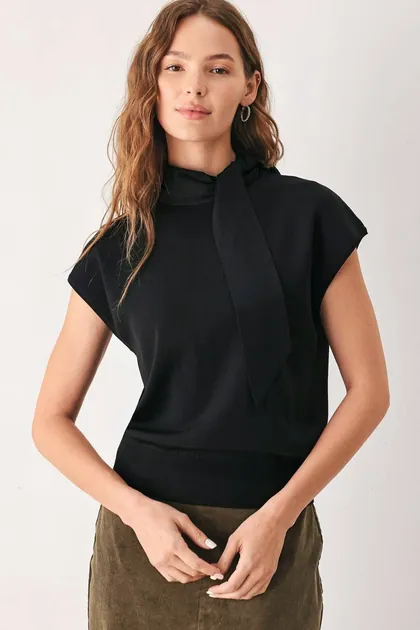 Noelle Tie-Neck Knit Top — black tops & blouses from Pieces of a Dream
