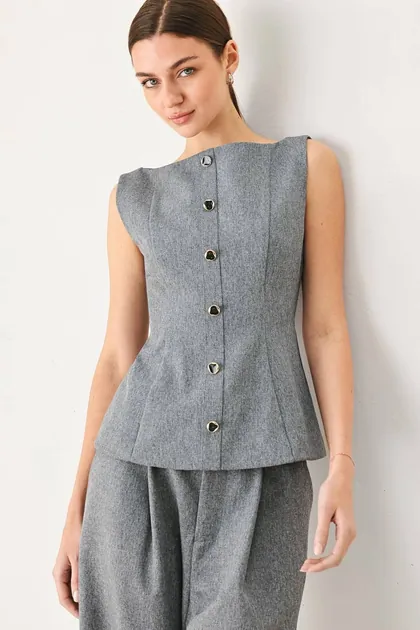 Sculpted Solid Woven Top — grey tops & blouses from Pieces of a Dream