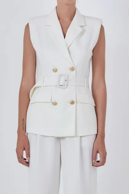 Shoulder Pad Belted Blazer — white outerwear & jackets from Pieces of a Dream