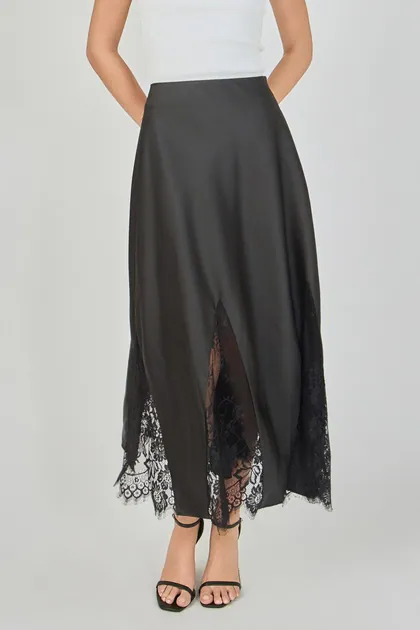 Midnight Lace Satin Skirt — black skirts from Pieces of a Dream
