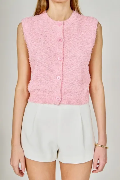 Textured Sleeveless Buttoned Vest Top — pink tops & blouses from Pieces of a Dream