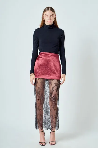 Satin & Lace Maxi Skirt — black skirts from Pieces of a Dream