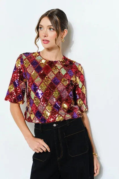 Multicolor Diamond Pattern Sequin Top (2 Color Ways) — black tops & blouses from Pieces of a Dream