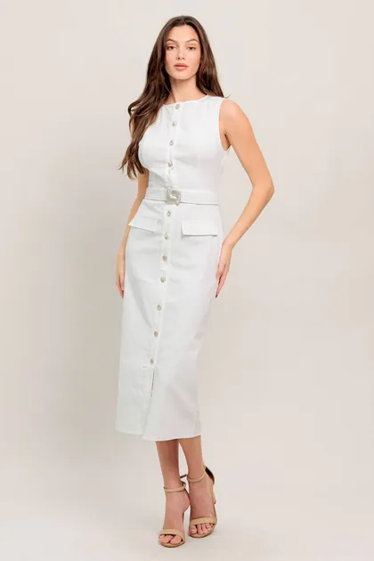 Timeless Grace Belted Midi Dress — white dresses from Pieces of a Dream