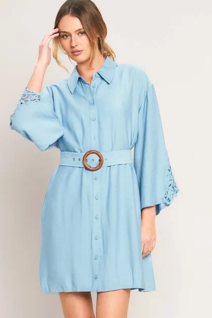 Soft Blue Belted Shirt Dress — dresses from Pieces of a Dream