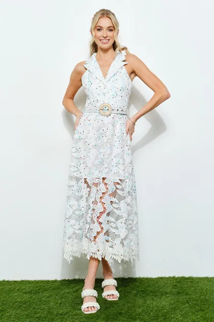 Luxe Aura Lace Halter Midi Dress — blue dresses from Pieces of a Dream