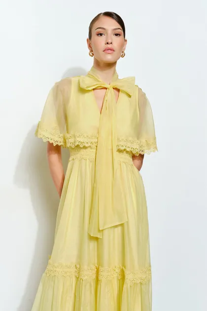 Bow Tie Cape-Style Lace Organza Midi Dress — dresses from Pieces of a Dream