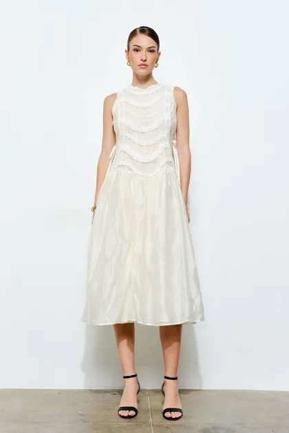 Elegant Ruched Layered Lace Trim Midi Dress — ivory dresses from Pieces of a Dream