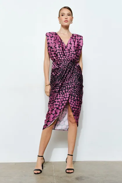 Satin Draped Polka Dot Wrap Midi Dress — dresses from Pieces of a Dream
