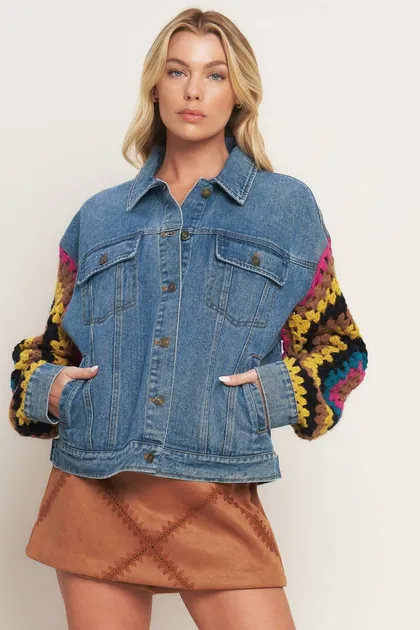 Denim Jacket with Crochet Contrast Sleeves — blue outerwear & jackets from Pieces of a Dream