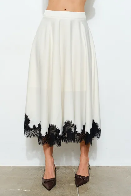 Lace Trim Contrast Midi Skirt — black skirts from Pieces of a Dream