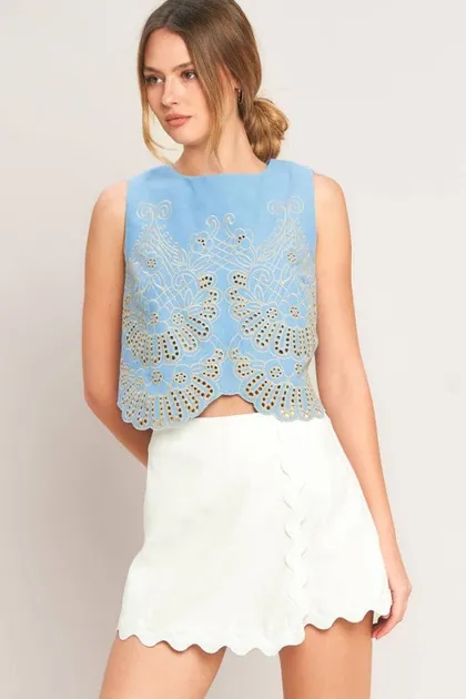 Embroidered Scalloped Hem Sleeveless Blouse — blue tops & blouses from Pieces of a Dream