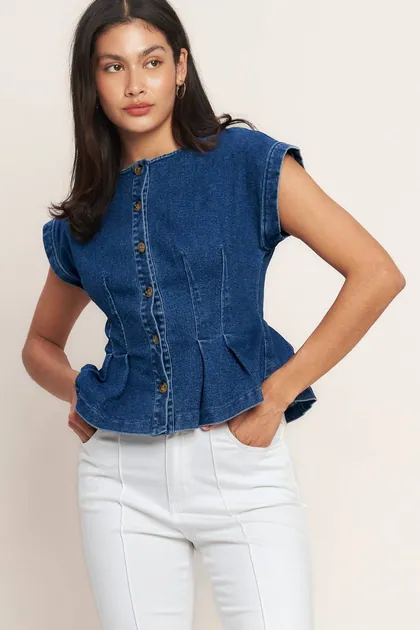 Washed Denim Peplum Top — denim tops & blouses from Pieces of a Dream