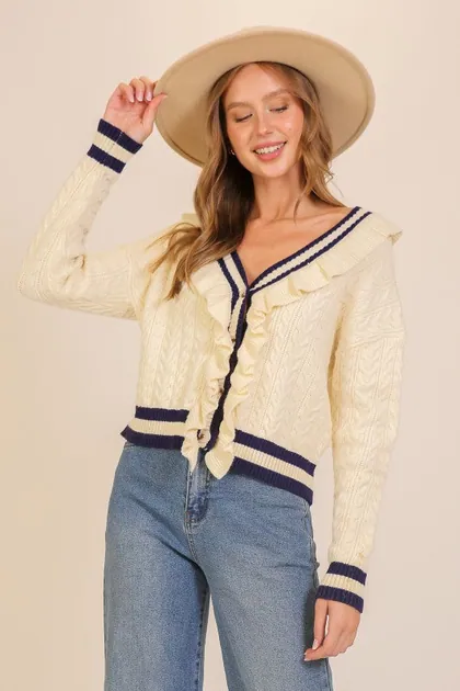 Ruffle-Trim Cable Knit Cardigan — black sweaters & knits from Pieces of a Dream