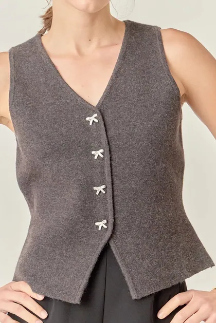 Bow Button Knit Vest — grey tops & blouses from Pieces of a Dream