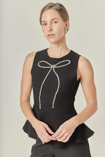 Ribbon Peplum Knit Top — black tops & blouses from Pieces of a Dream