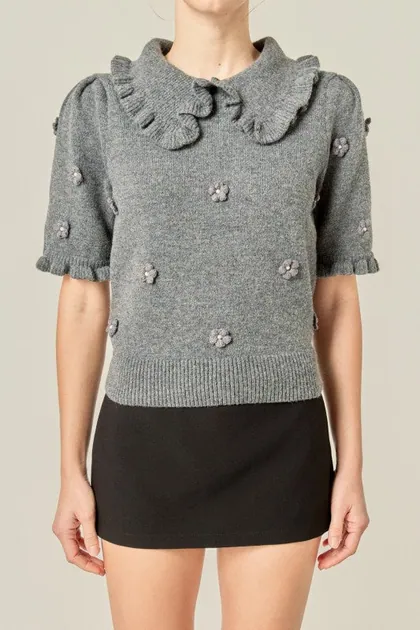 Ruffled Collar Grey Knit Top — grey tops & blouses from Pieces of a Dream