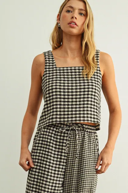 Gingham Square Neck Sleeveless Top — black tops & blouses from Pieces of a Dream