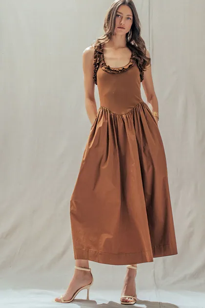 Ruffle Muse Midi Dress — brown dresses from Pieces of a Dream