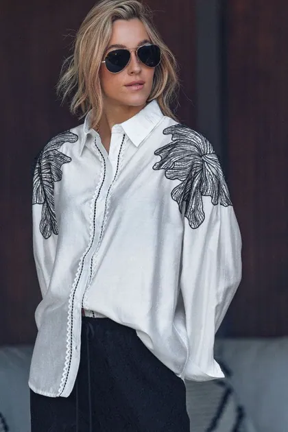 Chic Embroidery Canvas Shirt — black tops & blouses from Pieces of a Dream