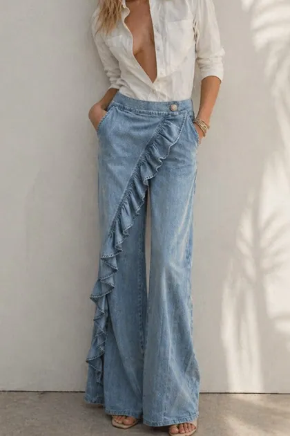 Ruffle Wrap Wide-Leg Denim Pants — denim jeans & denim from Pieces of a Dream
