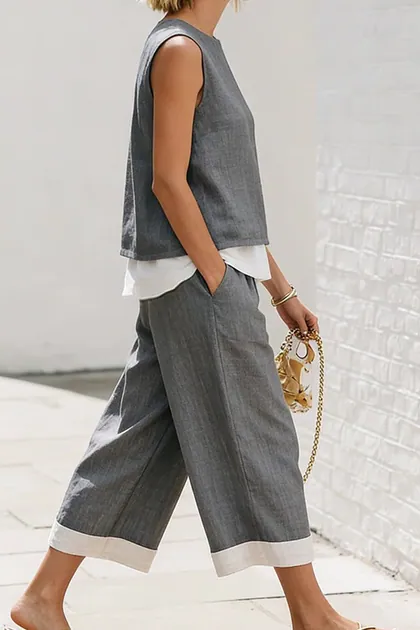 Color Block Sleeveless Tank Top Wide Pants Set — grey pants & trousers from Pieces of a Dream